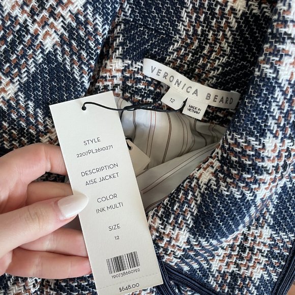 Veronica Beard Aise Cropped Jacket Textured Plaid Ink Multi Oversized Lapels - Picture 5 of 10